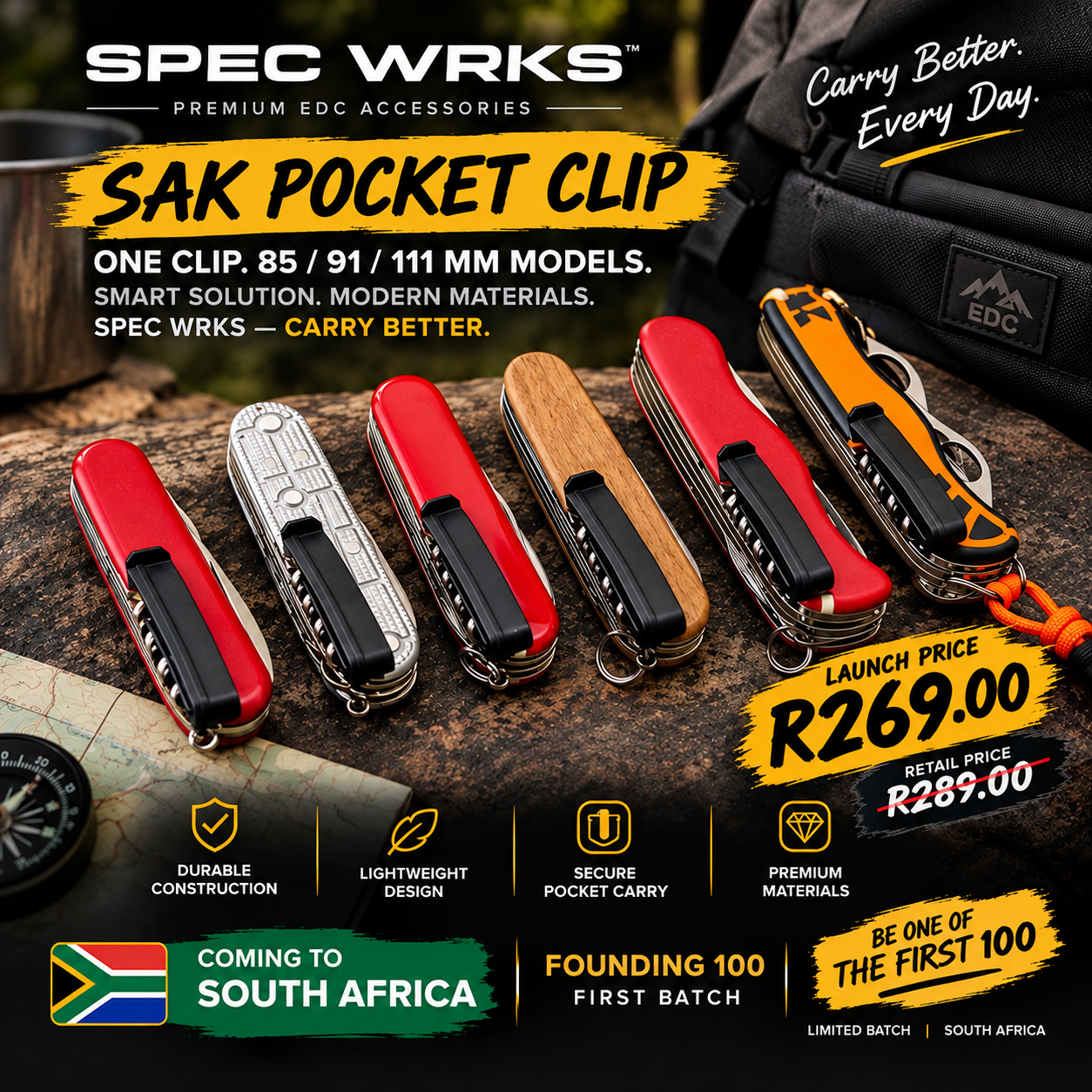 Swiss Army Knife with a Spec Wrks pocket clip sitting in a jeans pocket